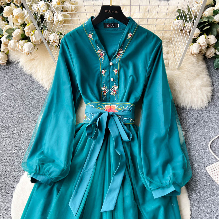 High Quality Pearl Button V Neck Long Sleeve Lace Up Patchwork Mesh Dresses