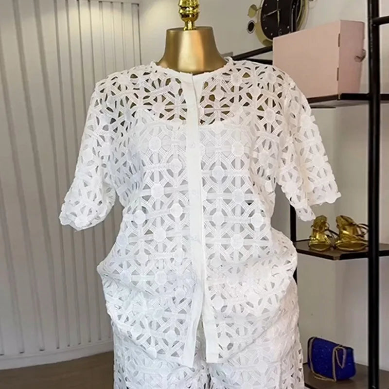 Hollow Out Women's Set Short Sleeve Shirt and Shorts Suit  Summer OL Fashion Two 2 Piece Sets Outfit Tracksuit