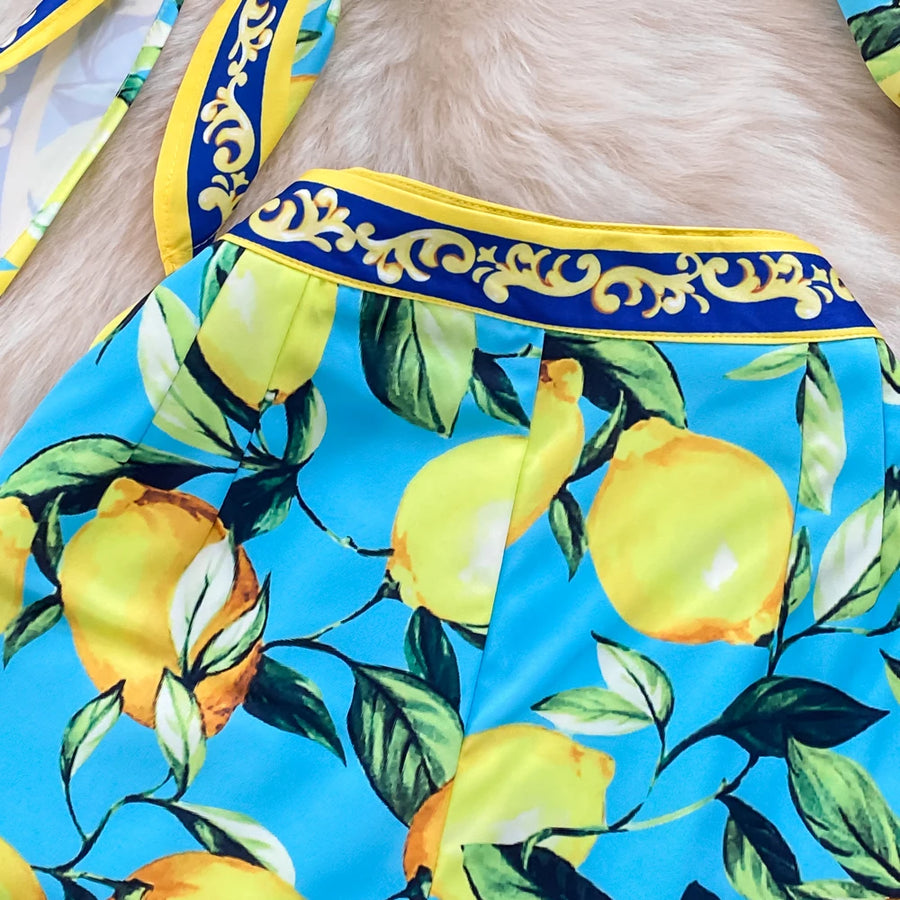 Summer Runway Fashion Sicily Lemon Print Two Piece Outfits Women Long Sleeve Bandage Crop Top＋Beach Pocket Shorts Sets