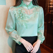 Elegant  Autumn Shirt Embroidery Beads Chiffon Simple Office Blouse Loose Tops Long Sleeve Casual Blouses Women