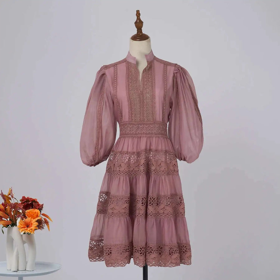 Quality Organza Midi Hollow Out Dresses Women's Half Sleeve Summer Embroidery Lace Evening Party Short Dress Shirt Lady
