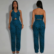 Women's Leopard Two Piece Set Halter Neck Tank Top and Wide Leg Pants