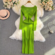 Women's Wrapped Hip Bodycon Waist Show Thin Long Sleeve V-Neck Bottom Dress