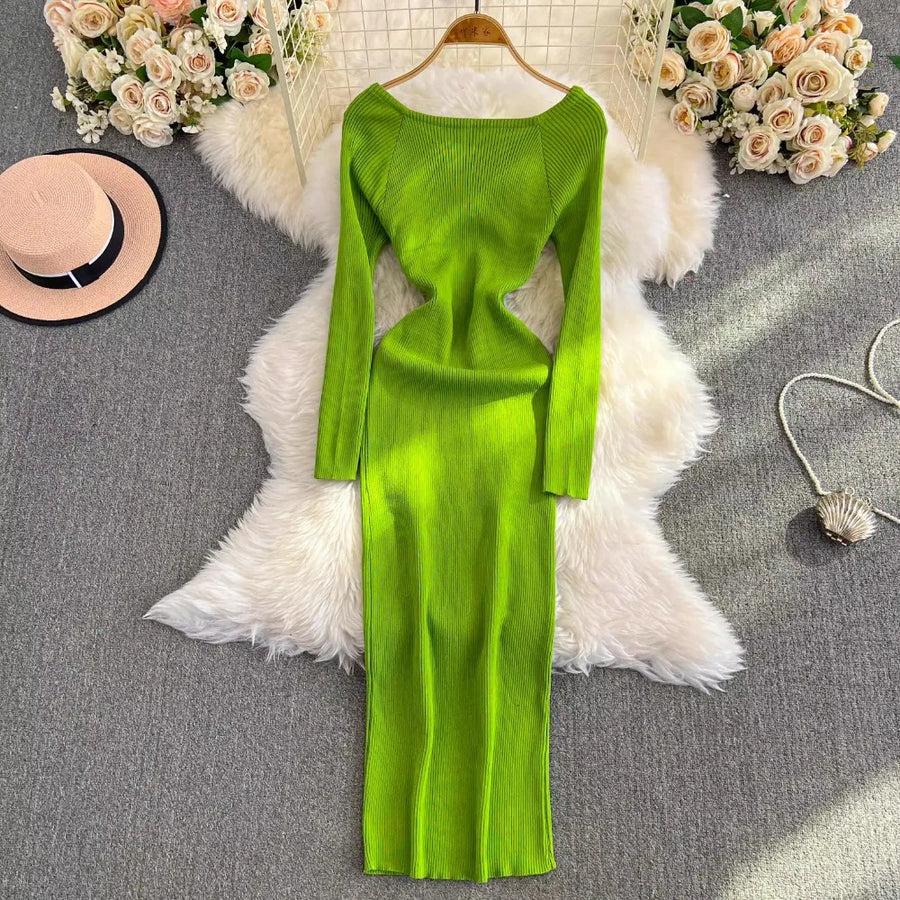 Women's Wrapped Hip Bodycon Waist Show Thin Long Sleeve V-Neck Bottom Dress