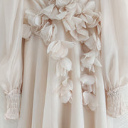 Women Spring Summer Dress Runway Fashion V-Neck 3D Appliques Backless Long Sleeve White Apricot Elegant Party Holiday
