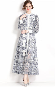 Printed Lace Long Maxi Dress, Long Lantern Sleeves Belted Single Breasted High Quality