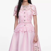 Elegant Beading Diamond Luxury Embroidery Prom Evening Dress Women Summer Short Sleeve Hollow Out Lace Patchwork Belt Long Dress