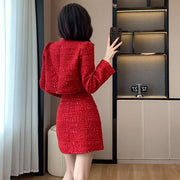 High quality red slim fit short coat+high waist mini skirt tweed two piece set