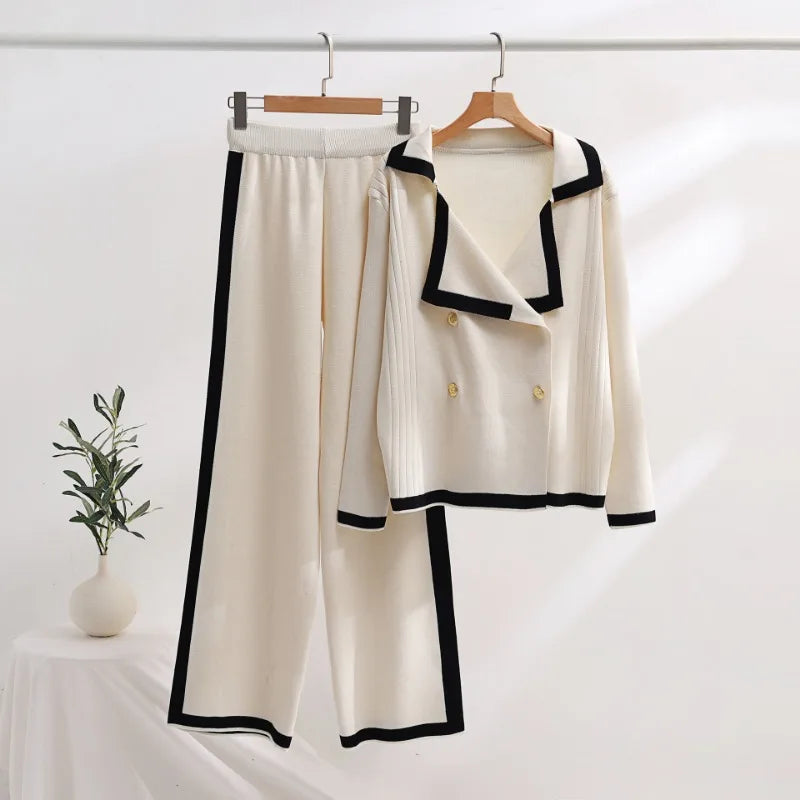 Lapel Casual Lazy Tops Sweater  female Pants Set Winter New Fashion Color-block Long-sleeved Pants Women Two-piece Set Elegant