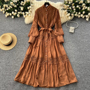 Elegant Long Lantern Sleeve Loose A Line Dress with Lace Patchwork and Pearl Buttons Belt High Quality