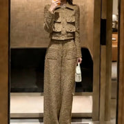Casual Ladies Work Tweed Multi Pockets Single Breasted Long Sleeves Coat Two Piece Set Elegant Female Straight Long Pant Sets