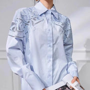 High quality mid-length flower openwork embroidery cotton shirt