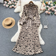 High quality vintage high neck pleated belt lantern long sleeve elegant dress