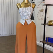 Short two-piece set with striped straps and floral appliqués, wide-legged pants
