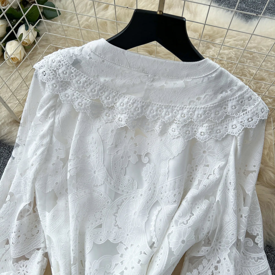 Women Long Dress Dresses Ruffles Vestidos V Neck Lantern Sleeve Elegant Splice Y2k Streetwear Hollow Out Tight Waist Work Party