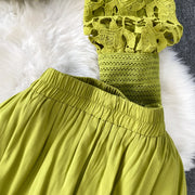 Skirt Sets Women Clothing Temperament Two Piece Set Patchwork Lace Blouses High Waist Hollow Out Long Skirts Suit Summer Outfits