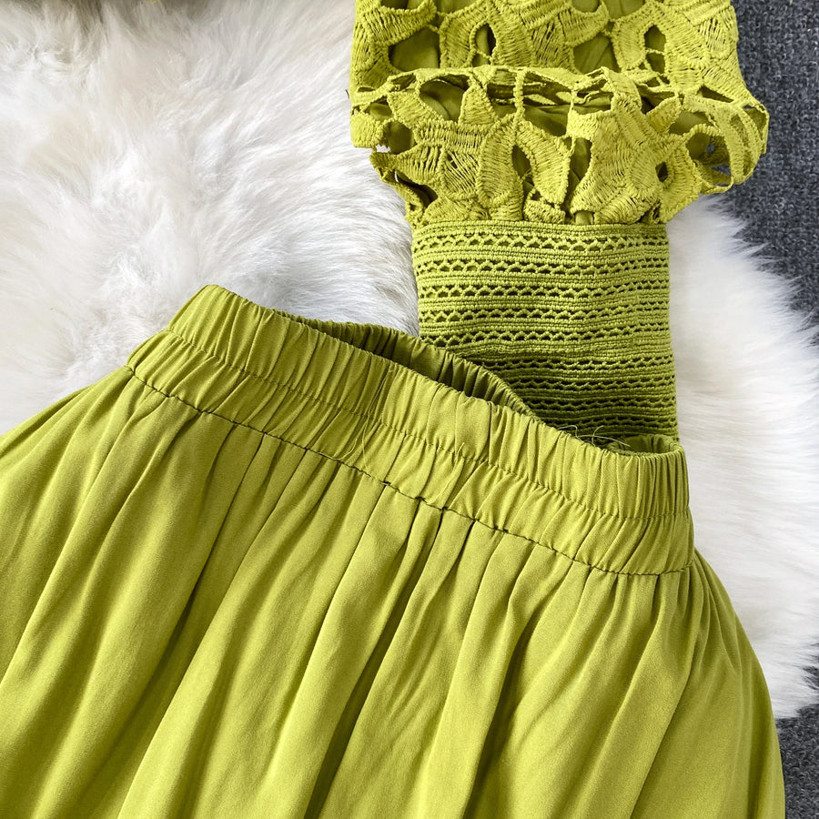 Skirt Sets Women Clothing Temperament Two Piece Set Patchwork Lace Blouses High Waist Hollow Out Long Skirts Suit Summer Outfits