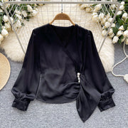 Basic long sleeve V-neck blouse, vintage asymmetrical style, beaded embroidered, high-quality pleated