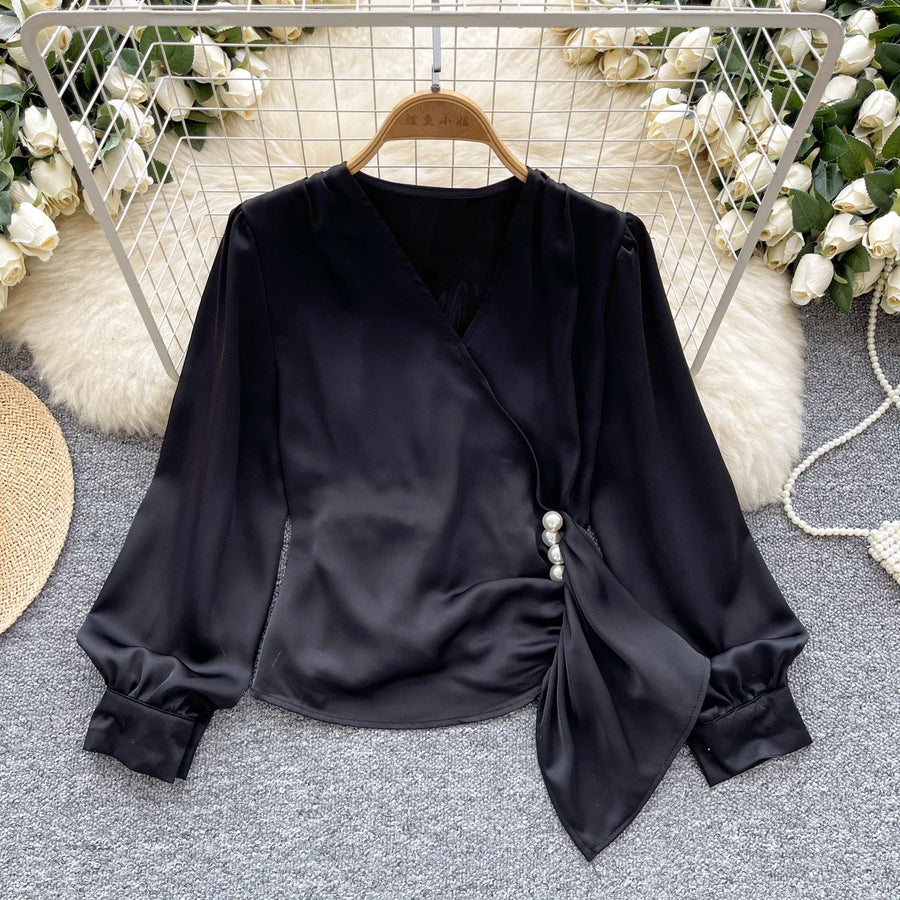 Basic long sleeve V-neck blouse, vintage asymmetrical style, beaded embroidered, high-quality pleated
