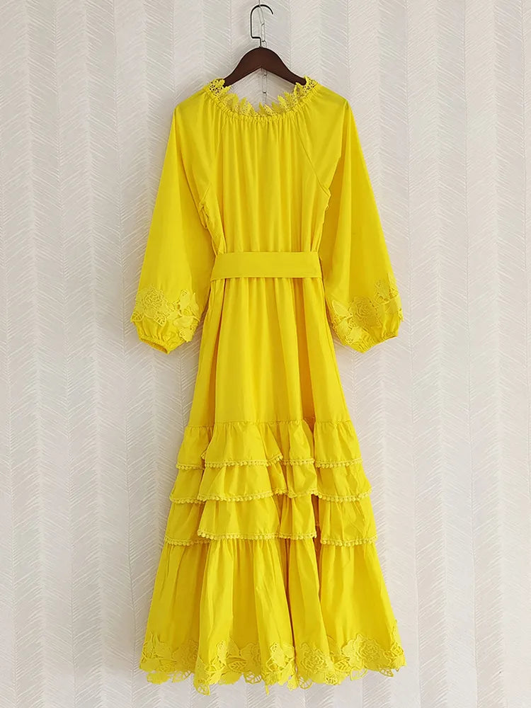 High Quality Yellow White Black Cascading Ruffles Flare Sleeve Long Party Dress