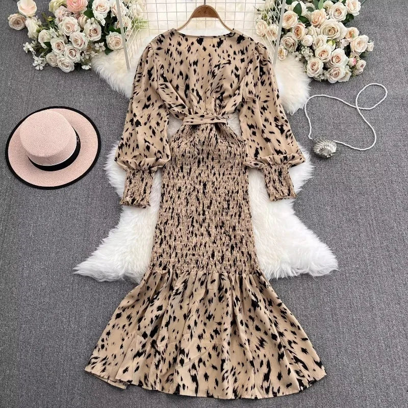 Retro Sweet V Neck Slim Lace -up Print Autumn Summer Elegant Elastic Dress A-line Long Sleeve Vacation Women Mermaid Dresses