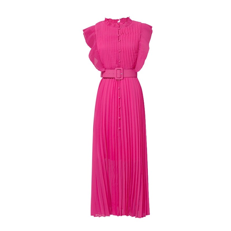Pink Elegant Ruched Pleated Midi Vintage Long Dress With Belt High Quality