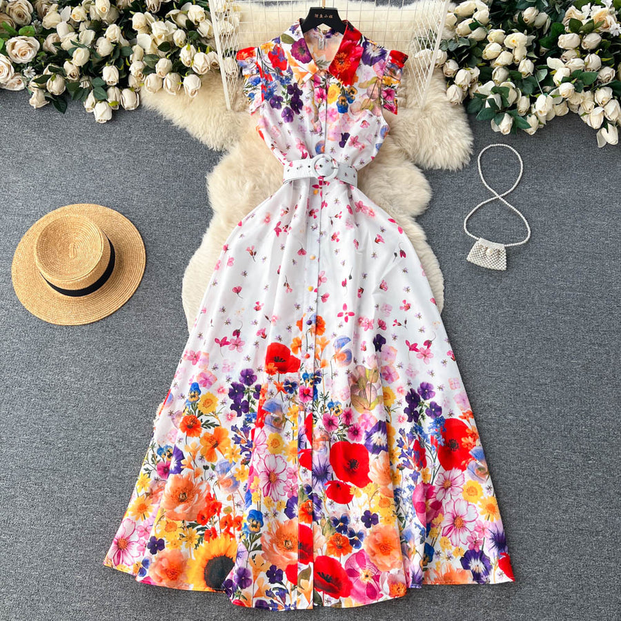 High quality belted ruffle sleeveless flower print dress