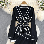 Women's Two-Piece Set Long-Sleeved Lace-up Waist V-Neck Mid-Length Knitted Cardigan Coat + Wide-Leg Pants