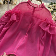 High-quality lantern-sleeved high-neck flared blouse in various colors