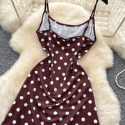 French Fashion Coffee Color Polka Dot Camisole Pure Desire Style Dress Women Summer Sweet High Waist Slim A Line Dress Woman