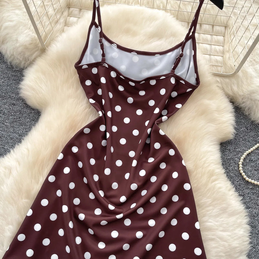 French Fashion Coffee Color Polka Dot Camisole Pure Desire Style Dress Women Summer Sweet High Waist Slim A Line Dress Woman