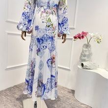 Women High Quality  Elegant Light Blue Flowers Print Cut Out Knot Front Long Sleeve Midi Dress