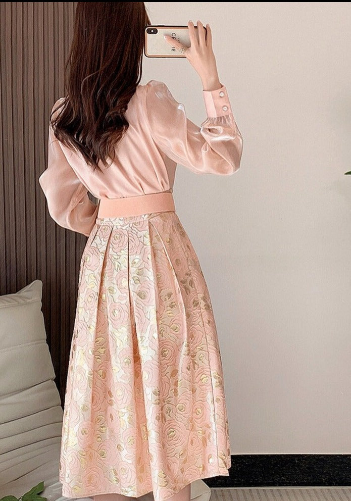 Flower Embroidery Two Piece Set Elegant Pearl Pink Blouse Shirt+Belt High Quality Floral Jacquard Midi Skirt