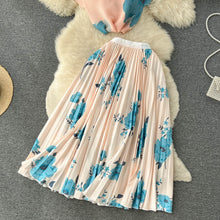 Two Piece Set Floral Print Pleated Elastic Raglan Sleeve T-shirt Top + Long Skirt High Quality