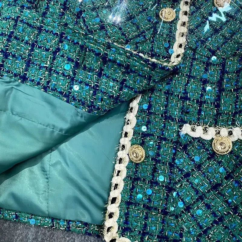 Women Elegant Vintage Tweed Fragrant Suit Jacke Coat Top And Skirt Two Piece Set Green Outfit Winter Jacquard Party Clothing