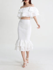 Sexy Cut Out Two Piece Set Womens Skew Collar Sleeveless Off Shoulder Tops High Waist Midi Skirts Print Sets Female Clothing