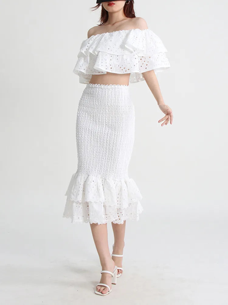 Sexy Cut Out Two Piece Set Womens Skew Collar Sleeveless Off Shoulder Tops High Waist Midi Skirts Print Sets Female Clothing