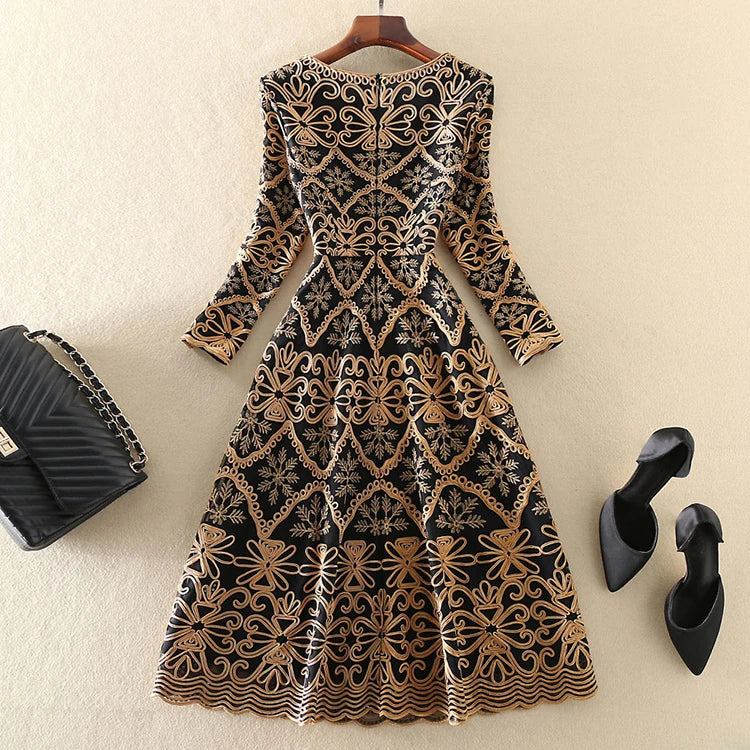Dress Women 3/4 Sleeve 3D Gold Flower Embroidery Elegant Midi High Quality Pink / XXL Dress Women 3/4 Sleeve 3D Gold Flower Embroidery Elegant Midi High Quality Pink / XXL