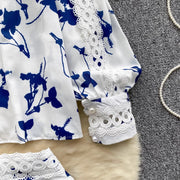 Hollow Out Embroidery 2 Pieces Set Women Stand Lantern Sleeve Pearls Buttons Linen Shirt Top + High Waist Pocket Shorts Suits