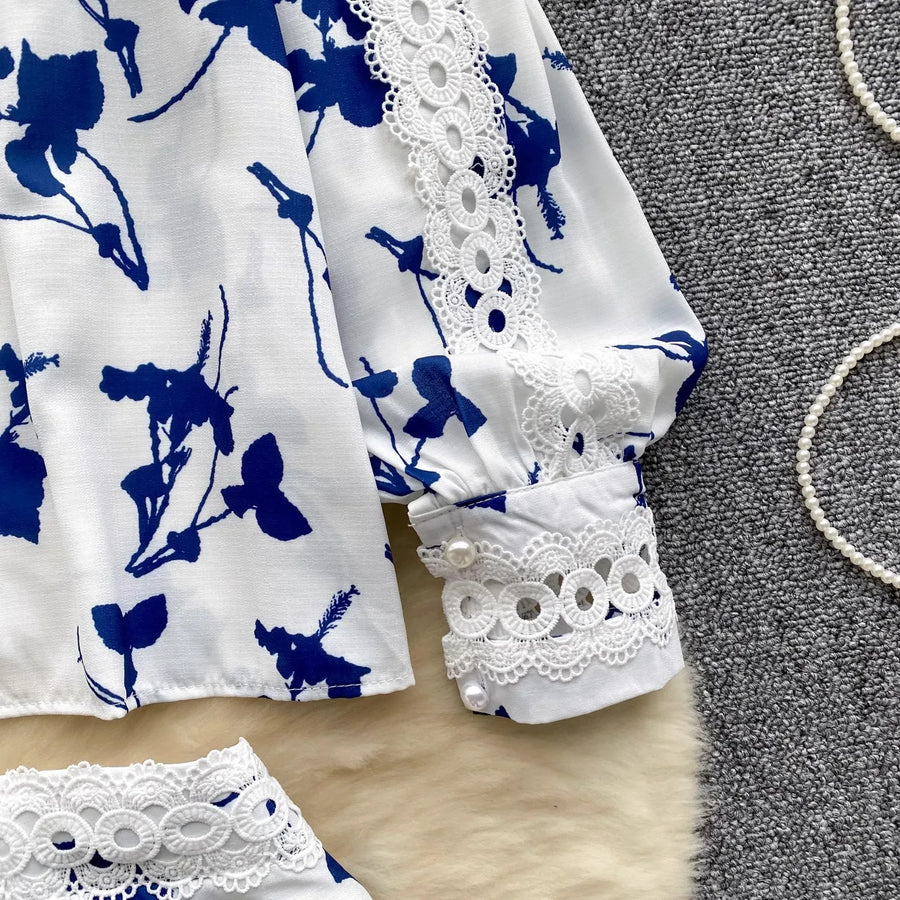 Hollow Out Embroidery 2 Pieces Set Women Stand Lantern Sleeve Pearls Buttons Linen Shirt Top + High Waist Pocket Shorts Suits