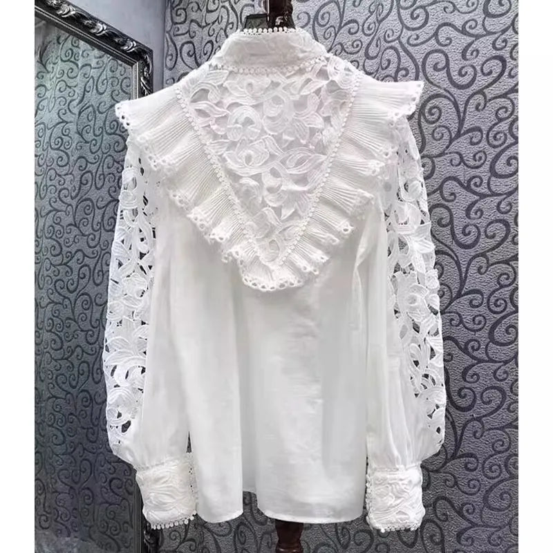 White Lace Ruffle Shirts Long Puff Sleeve Stand Collar High Quality