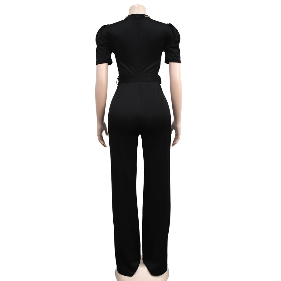 High Neck, Chain, Short Sleeve, Floor Length High Quality Wide Leg Jumpsuit