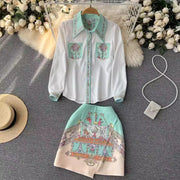 Summer Cartoon 2 Pieces Set Women Turn Down Collar Long Sleeve Two Pockets Chiffon Shirt Top + Irregular Vintage Mini Skirt Suit