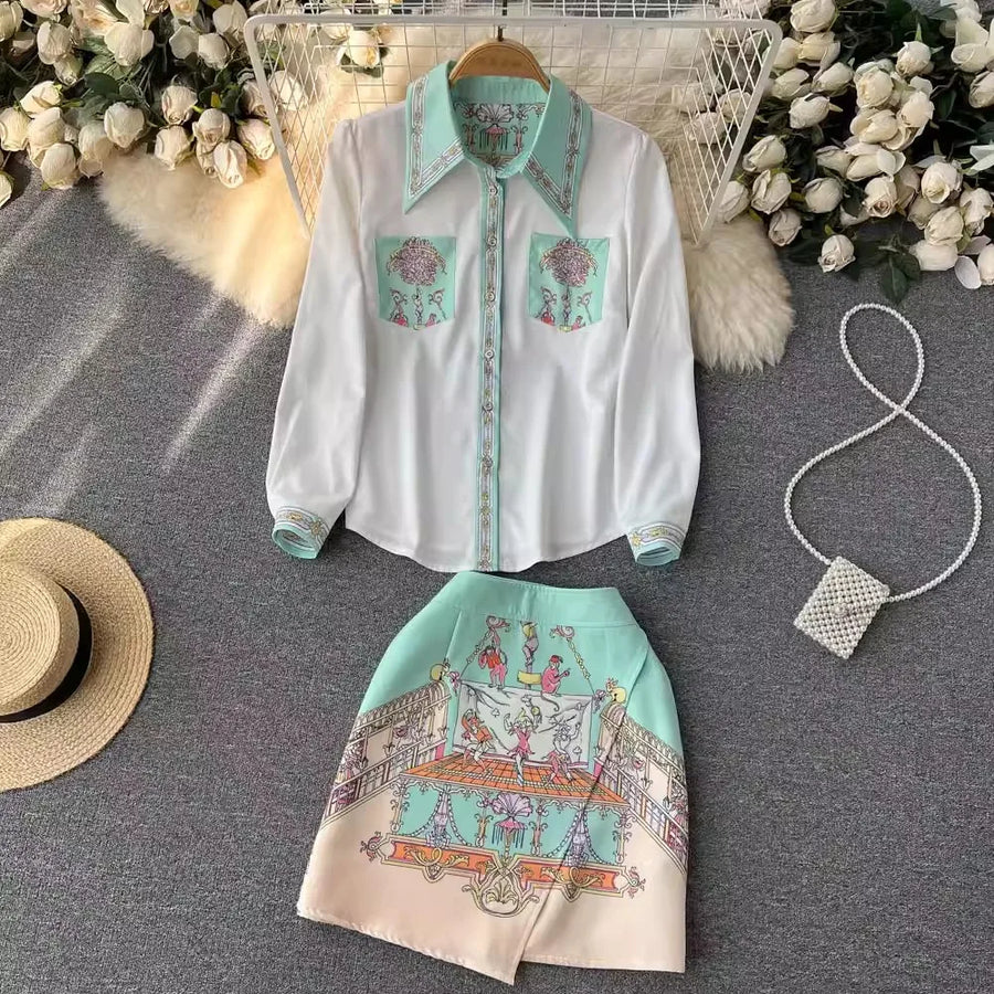 Summer Cartoon 2 Pieces Set Women Turn Down Collar Long Sleeve Two Pockets Chiffon Shirt Top + Irregular Vintage Mini Skirt Suit