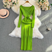 Women's Wrapped Hip Bodycon Waist Show Thin Long Sleeve V-Neck Bottom Dress