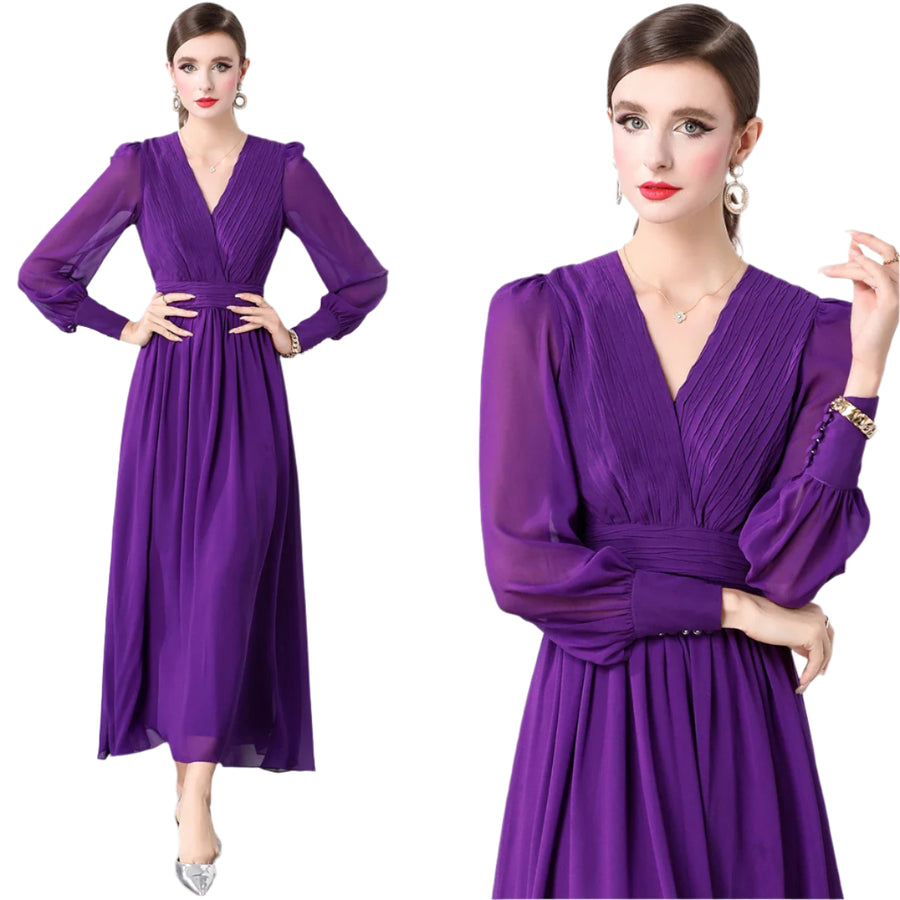 High quality V-neckline puff sleeve high waist draped chiffon long dress