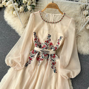 Elegant dress with flower embroidery O-neck and long puff sleeves and high quality belt