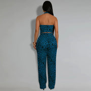 Women's Leopard Two Piece Set Halter Neck Tank Top and Wide Leg Pants