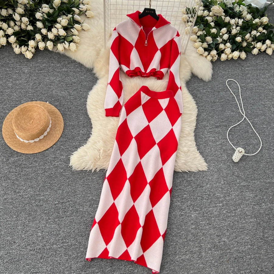 American Fashion Warm Suits Women Lapel Neck Zipper Tops+High Elastic Skinny Skirt Plaid Streetwear Two Pieces Sets