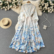 High Quality Satin Belted Floral Print Lantern Sleeve Dress